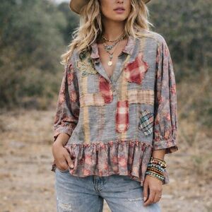 Jaded Gypsy Langenlook “Early Bloom” Patchwork Boho Peplum Cotton S/M oversized